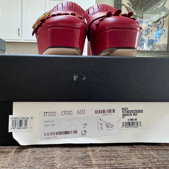 GUCCI Leather Hibiscus Red Marmont Platform w/Double Fringe, GG Logo - Picture 2 of 8